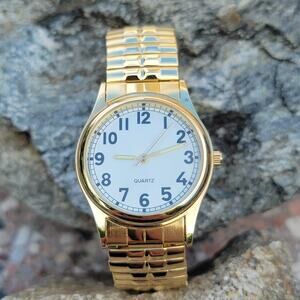 Vintage Watches Gold Expansion Quartz Watch Easy Read White Dial Unisex
